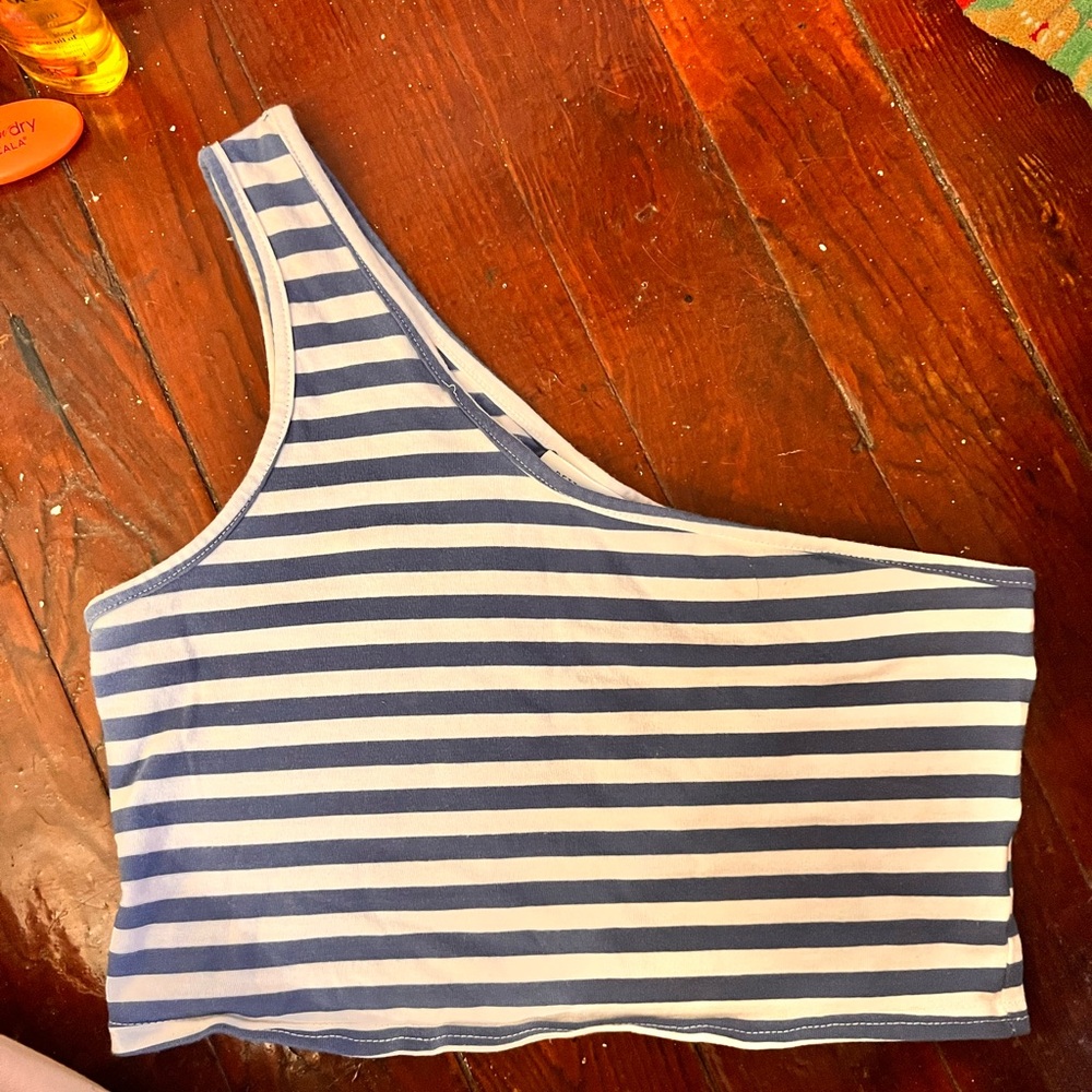 blue striped asymmetrical crop top